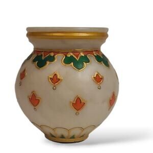Stone Vase Cream with Orange Green & Gold Painting Small 3.5" tall
